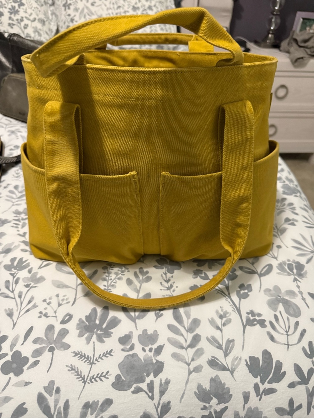 Mustard Yellow Canvas Tote with Exterior Pockets and pocket inside for drink